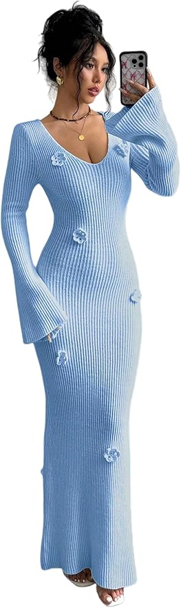 SISKIN Maxi Slimming Fitted Sweater Dress Long Sleeve Ribbed Bodycon Knit Winter Baby Shower Dress