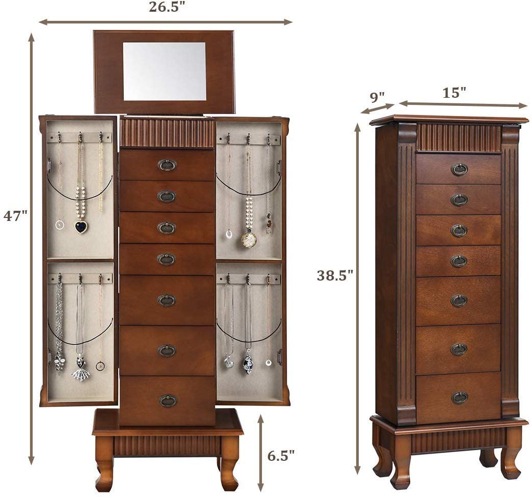 OFFICEJOY Jewelry Armoire Cabinet, Wooden Standing Jewelry Box w/ 7 Drawer, 2 Side Door, Flip Top Mirror, 12 Necklace Hook, Tall Jewelry Storage Chest for Women