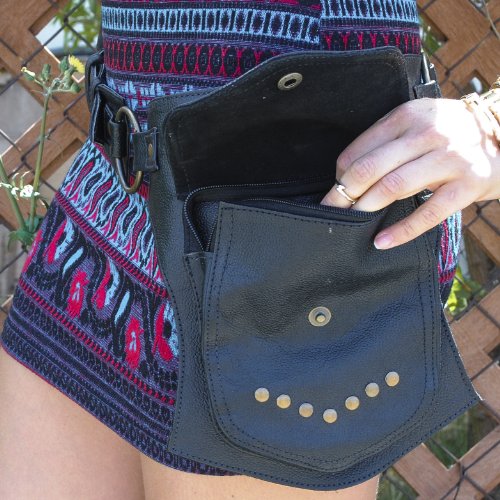 Black Leather Travel Belt, Fanny Pack with Gold Studs and Metal Grommets, for Men & Women, One Size Fits All, Perfect for ...