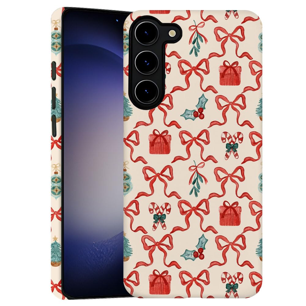 TnXee Case for Samsung Galaxy S23 Plus,Red Green Christmas Tree Scroll Bow Phone Case Drop Resistant Frosted 2 in 1 Solid Dual-L