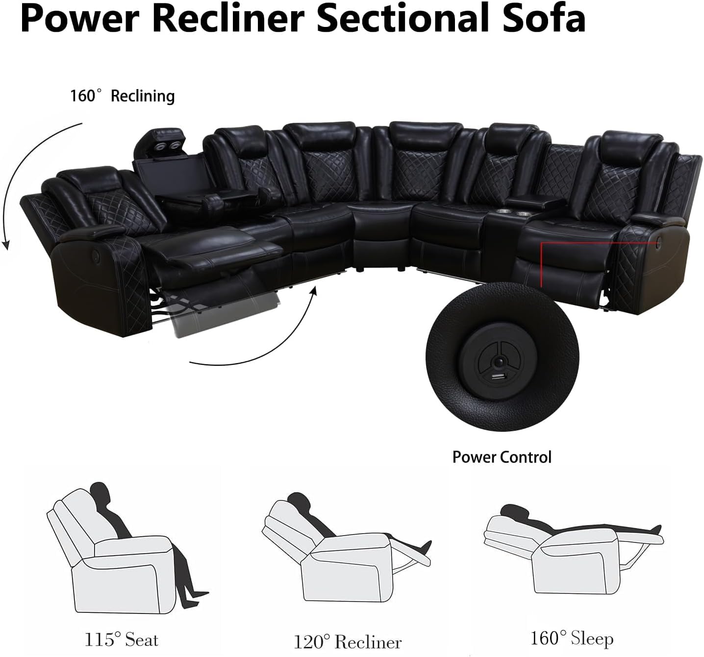 FUOROLA Power Recliner Living Room Set with LED, Breathing Leather Reclining Sectional Sofa Couches for Home Theater with Cup Holder, Storage Consloe, USB Charge