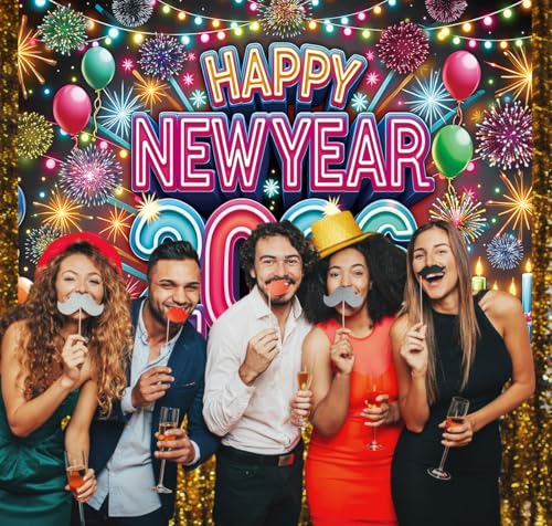 2026 Neon Happy New Year Backdrop Colorful Fireworks Balloons New Year's Eve Photography Background Cheers to 2026 Holiday...