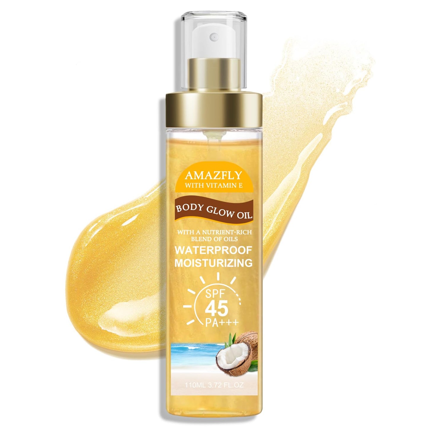 Body Glow Oil, SPF 45 PA+++, Sunscreen Body Oil with Rose Gold Mica, Moisturizing Coconut with Vitamin E, Glow Moisturizer, Ligh