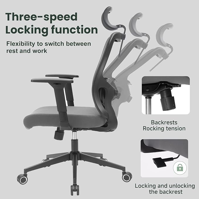ZYFFHYLAI Ergonomic Office Chair - 350LB Mesh Office Chair with Adjustable Lumbar, High Back Computer Desk Chair with 3D Armrest, Comfy Chair with 2D Headrest & Tilt Function for Study, Work, Gaming