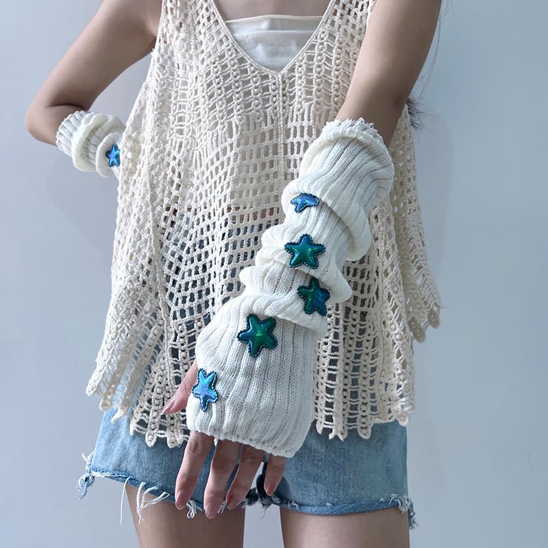 POHADON Women's Y2k Knit Arm Warmers Long Fingerless Mitten Thumb Hole Cute Star Gloves Japanese Harajuku Accessories (One Size,White)