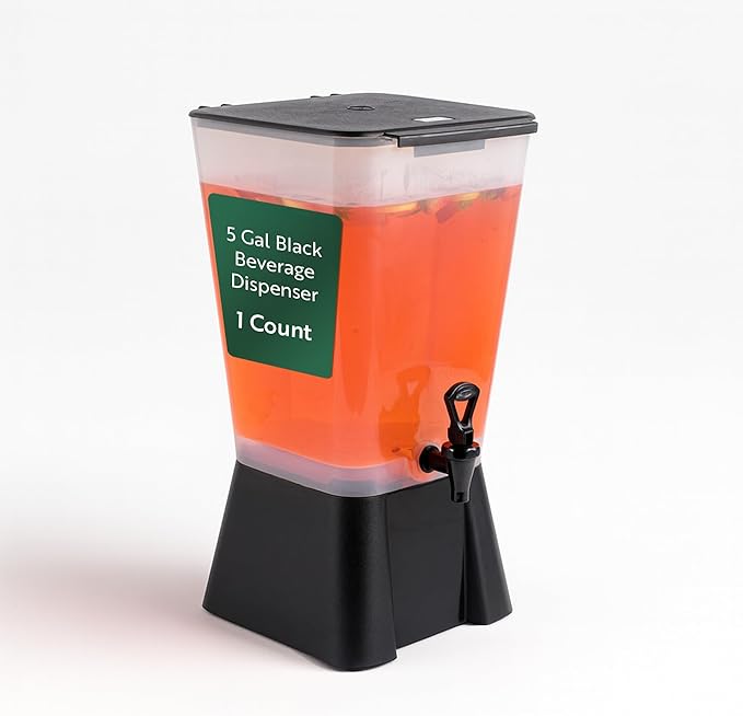 Restaurantware Bev Tek 5 Gallon Drink Dispenser 1 Dishwashable Beverage Dispenser--Detachable Tank Includes Decals Black P...