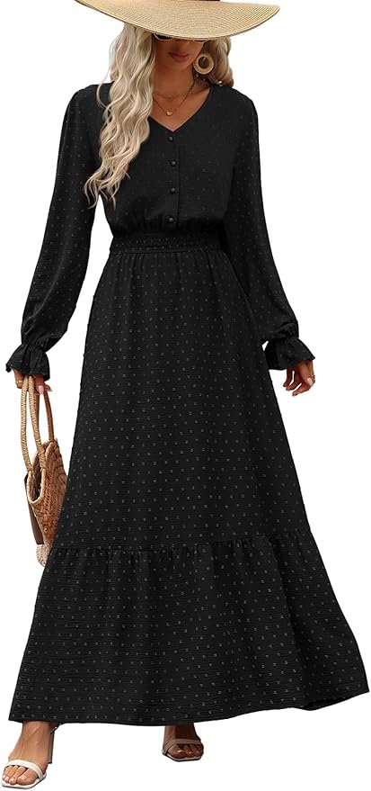 PRETTYGARDEN Women's 2025 Maxi Dress Long Sleeve V Neck Flowy Swiss Dot High Waist Casual A Line Fall Wedding Guest Dresses