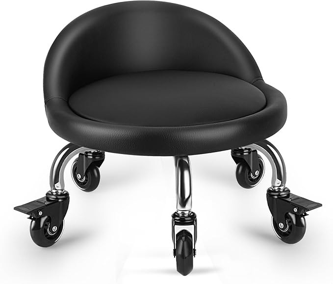 LWADALN Rolling Stool with Backrest Low Height Rolling Stool with PU Leather, Roller Stool Chair, Roller Seats for Home, Office, Garage, Shop, Library (3.2" h Casters)
