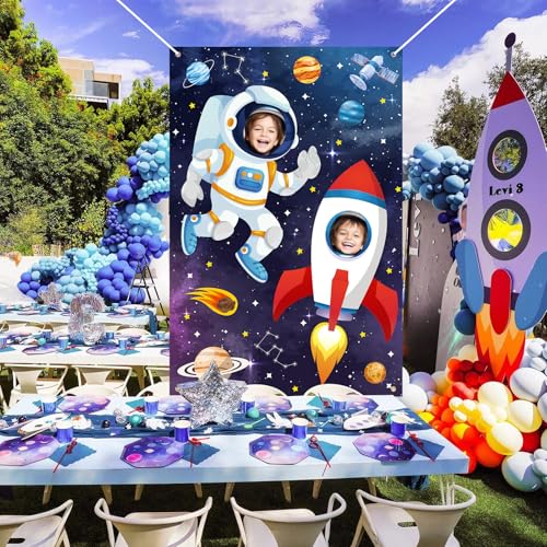 Outer Space Themed Party Decorations Astronaut Photo Booth Prop Backdrop Rocket Ship Galaxy Planet Starry Photography Back...