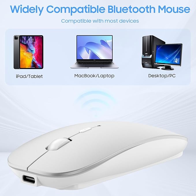 SUNGI Bluetooth Mouse for Laptop/MacBook/iPad/Android PC,Rechargable Quiet Slim Wireless Mice for Chromebook Notebook Windows/Linux/Tablet,Black,Silver