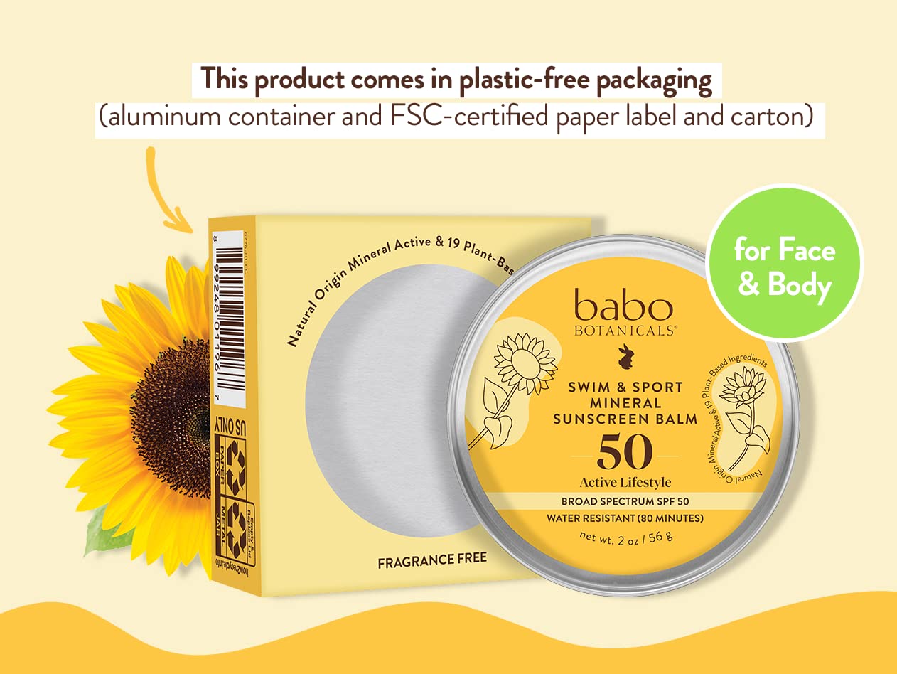 Babo Botanicals Swim & Sport Mineral Sunscreen Balm SPF50 - Natural Zinc Oxide - For Face & Body - For all Ages - Dermatologist