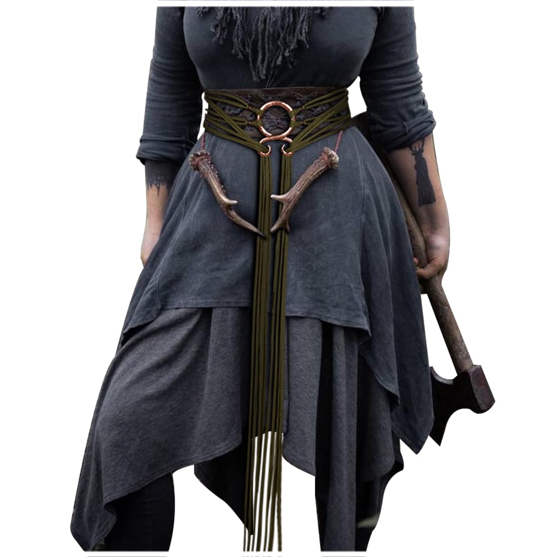 L'VOW Viking Long Rope Ring Knotted Belt Women Norse Witch Troll Cross Belt Shaman Pagan Costume(Army Green)