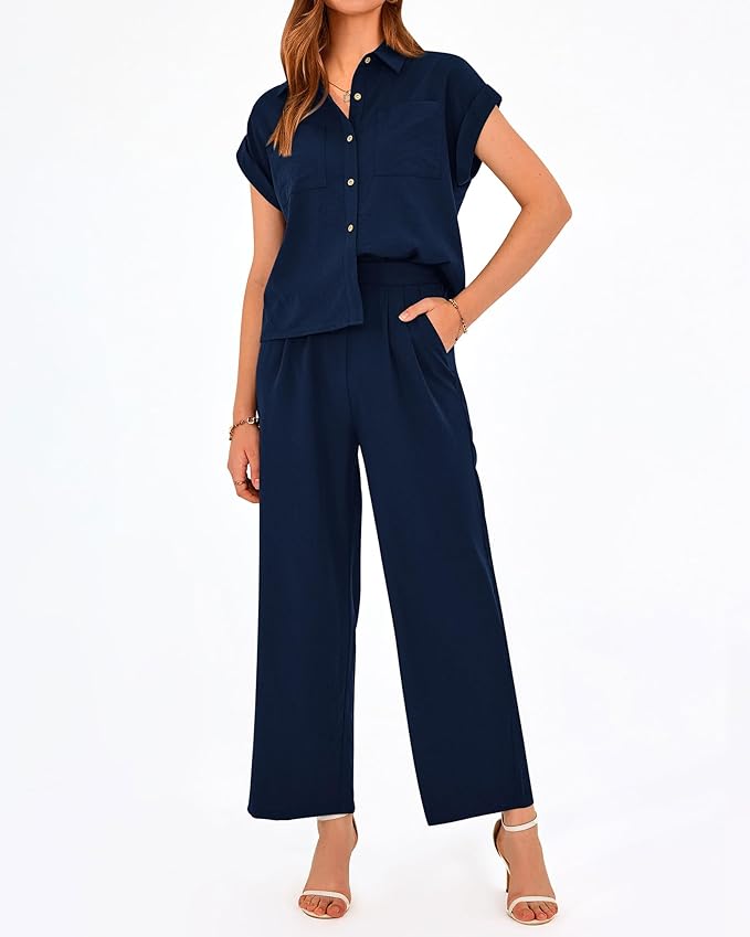 PRETTYGARDEN Womens 2 Piece sets Summer Cap Sleeve Tops Palazzo Pants Dressy Casual Vacation Travel Outfits Tracksuits