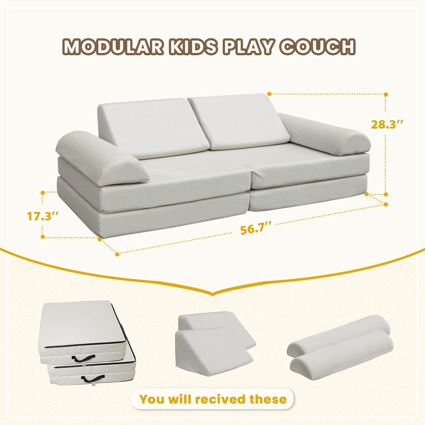 jela Kids Couch, Waterproof Kids Modular Sofa for Outdoor & Indoor, UV Resistant Child Sectional Sofa, Foam Play Couch Playhouse Play Set for Children Adults(Sand Beige)