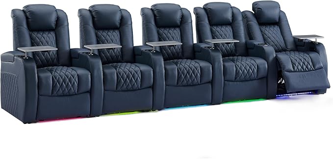 Weilianda Home Theater Seating Top Grain Leather Zero Gravity Recliner Chair Power Headrest Recline Movie Seat Gaming 7 Colors Mood Light Sofa with Tray Table USB Charge Row of 5 Blue
