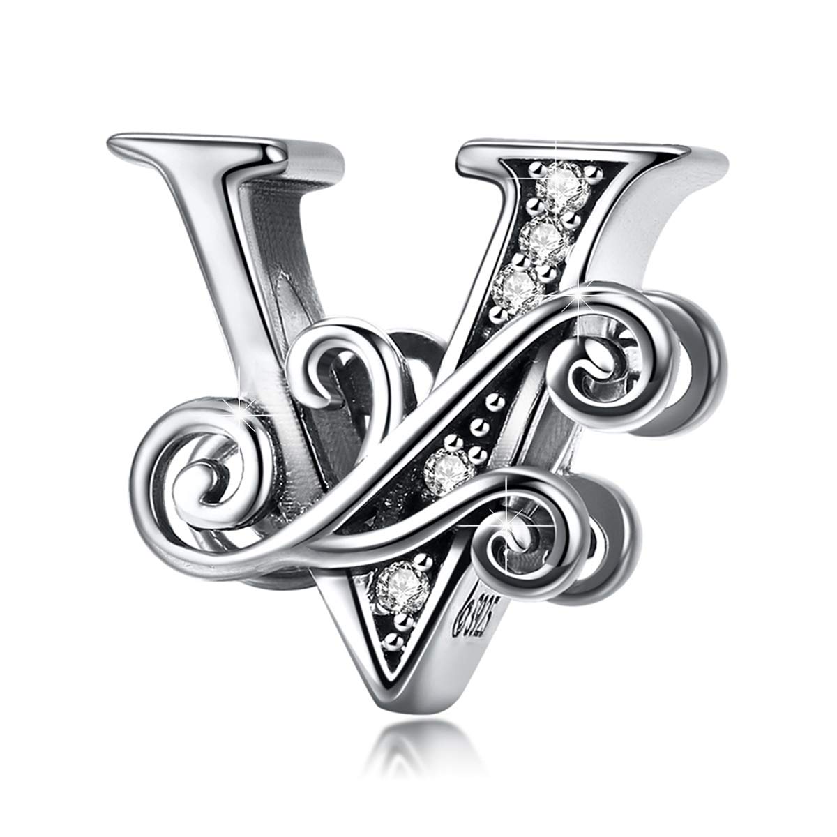 BISAER 925 Sterling Silver Initial Letter V Charms for Bracelets Alphabet Beads Charm Jewelry Gifts