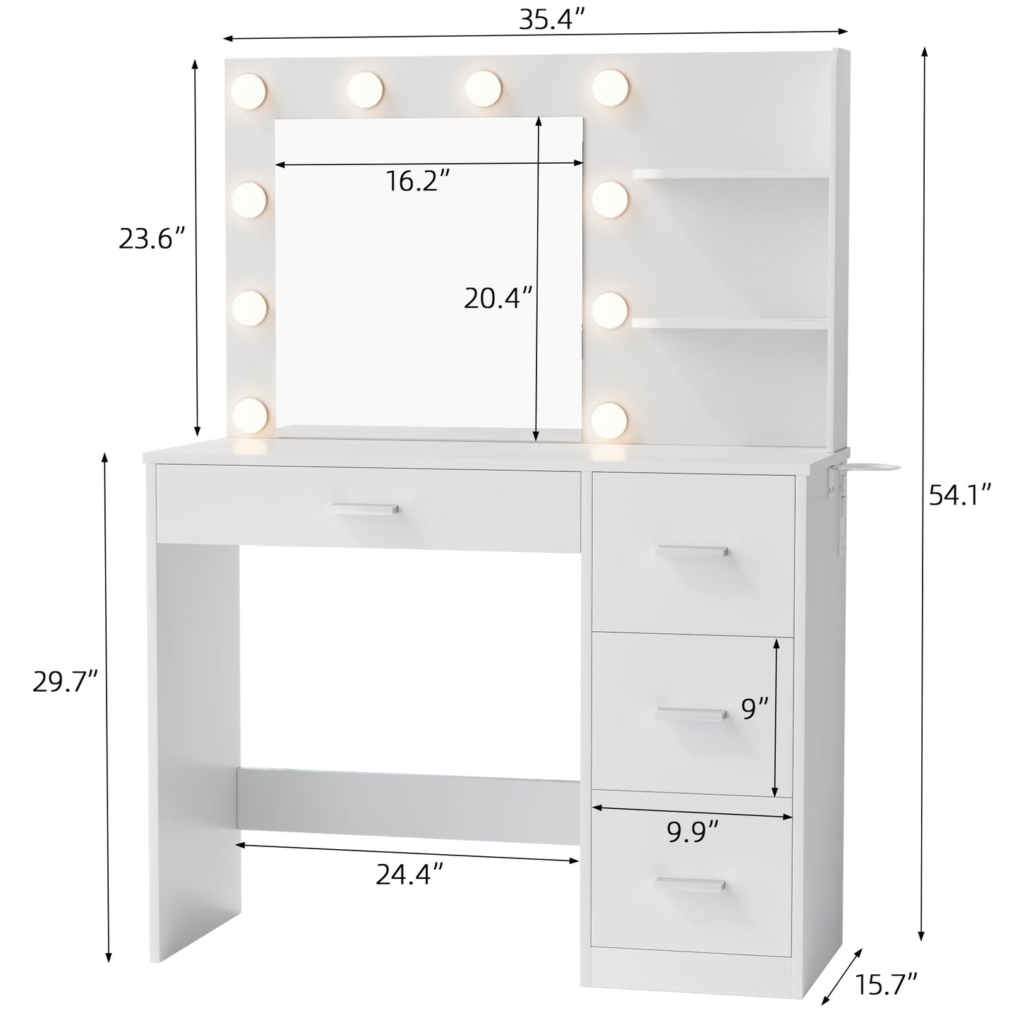 YESHOMY Vanity Desk with Mirror, 10 Lights, Power Outlet and 3 Storage Shelves, Makeup Table with 4 Drawers, 3 Color Modes, for Bedroom, White