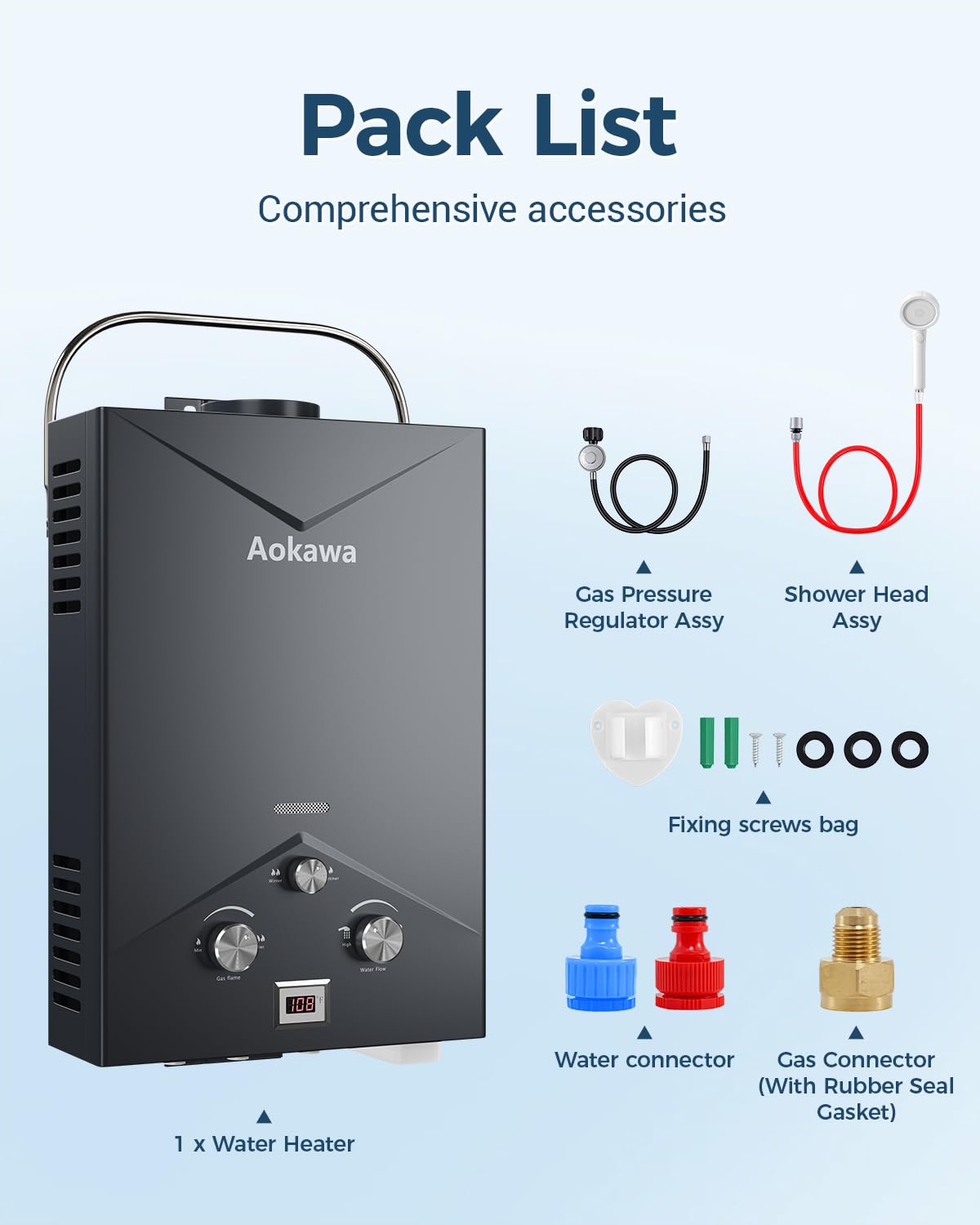Aokawa Portable Propane Tankless Water Heater, 1.78 GPM On-Demand Hot Water Heater with Shower Head, Outdoor Camping RV Cabin Use, Propane Gas Instant Hot Water, Overheat & Anti-Freeze Protection