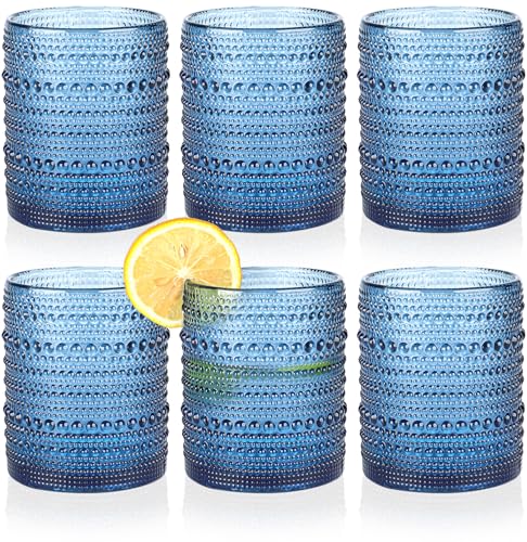 KMIGRUAN Hobnail Drinking Glasses Set of 6,12oz Blue Vintage Glassware,Cocktail Glasses,Embossed Glass Cups,Water Tumbler ...