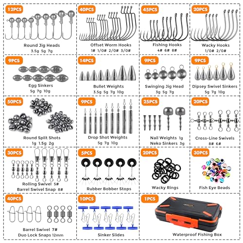 PLUSINNO 264/397pcs Fishing Accessories Kit, Organized Fishing Tackle Box with Tackle Included, Fishing Hooks, Fishing Wei...