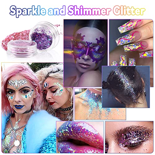 Laza Body Glitter, 2 Jars Holographic Chunky Sequins with Glitter Glue Perfect for Women Eyeshadow Makeup Face Paint Festi...