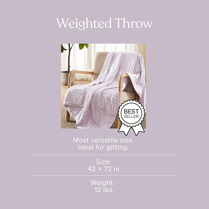 Baloo Weighted Blanket for Adults 12 lb Throw (Lavender, 42"x72") | Cool & 100% Cotton | Machine Washable & Dryer Safe | Glass Microbead Fill