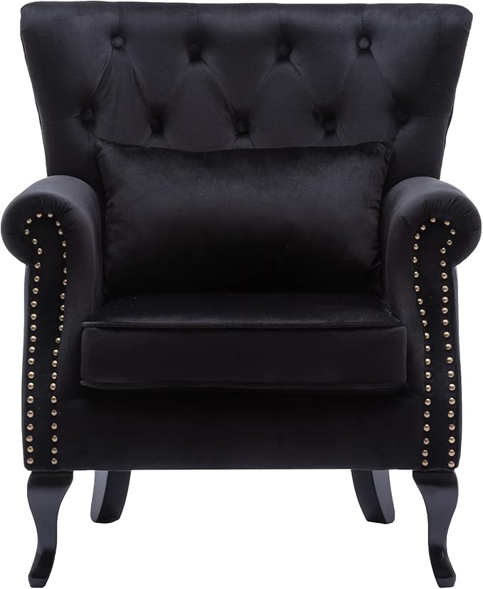 DM Furniture Mid Century Accent Chair Modern Button Tufted Armchair Club Chair Velvet Wingback Single Sofa Lounge Chair with Pillow for Living Room Bedroom, Black