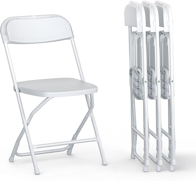4 PACK White Foldable Plastic Chair | Folding & Stackable | 350 lbs Capacity Steel Frame Seats for Indoor Outdoor | Commer...