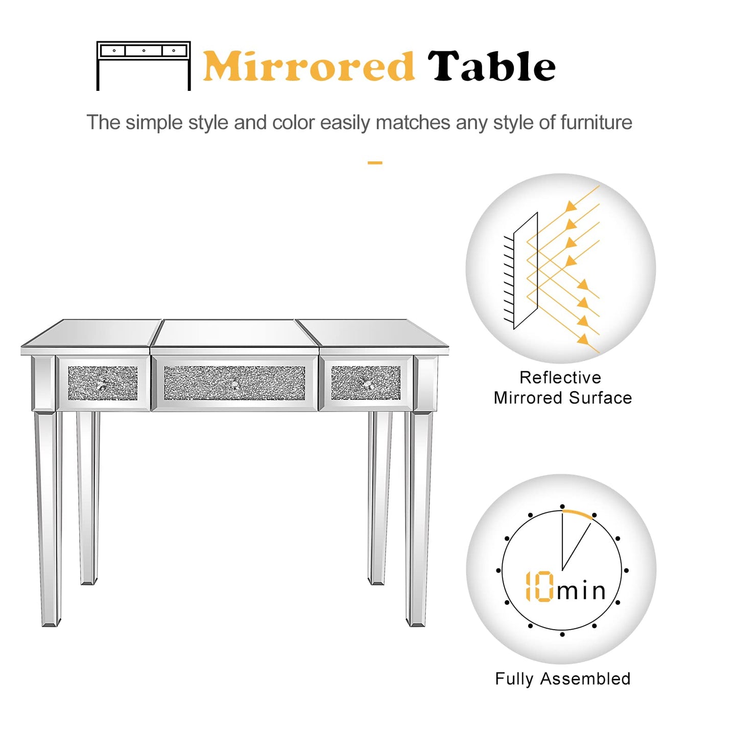 VINGLI Mirrored Vanity Desk With Drawers and Flip Mirror, Glass Table, Silver Makeup Desk for Bedroom/Makeup Room