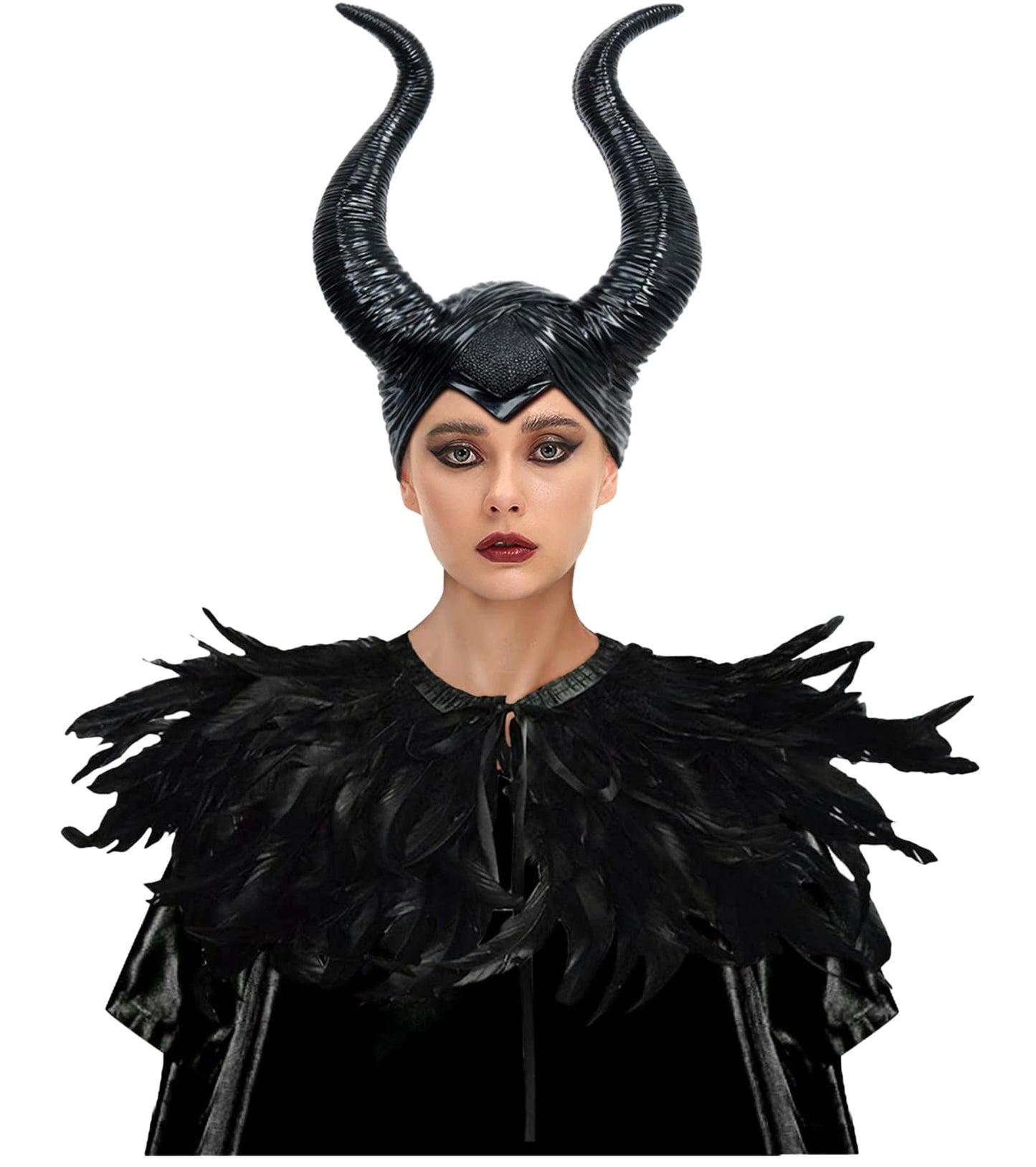 L'VOW Women Gothic Black Feather Cape Shawl Demon Witch Ox Horns Halloween Crow Evil Queen Costume(Style-1)