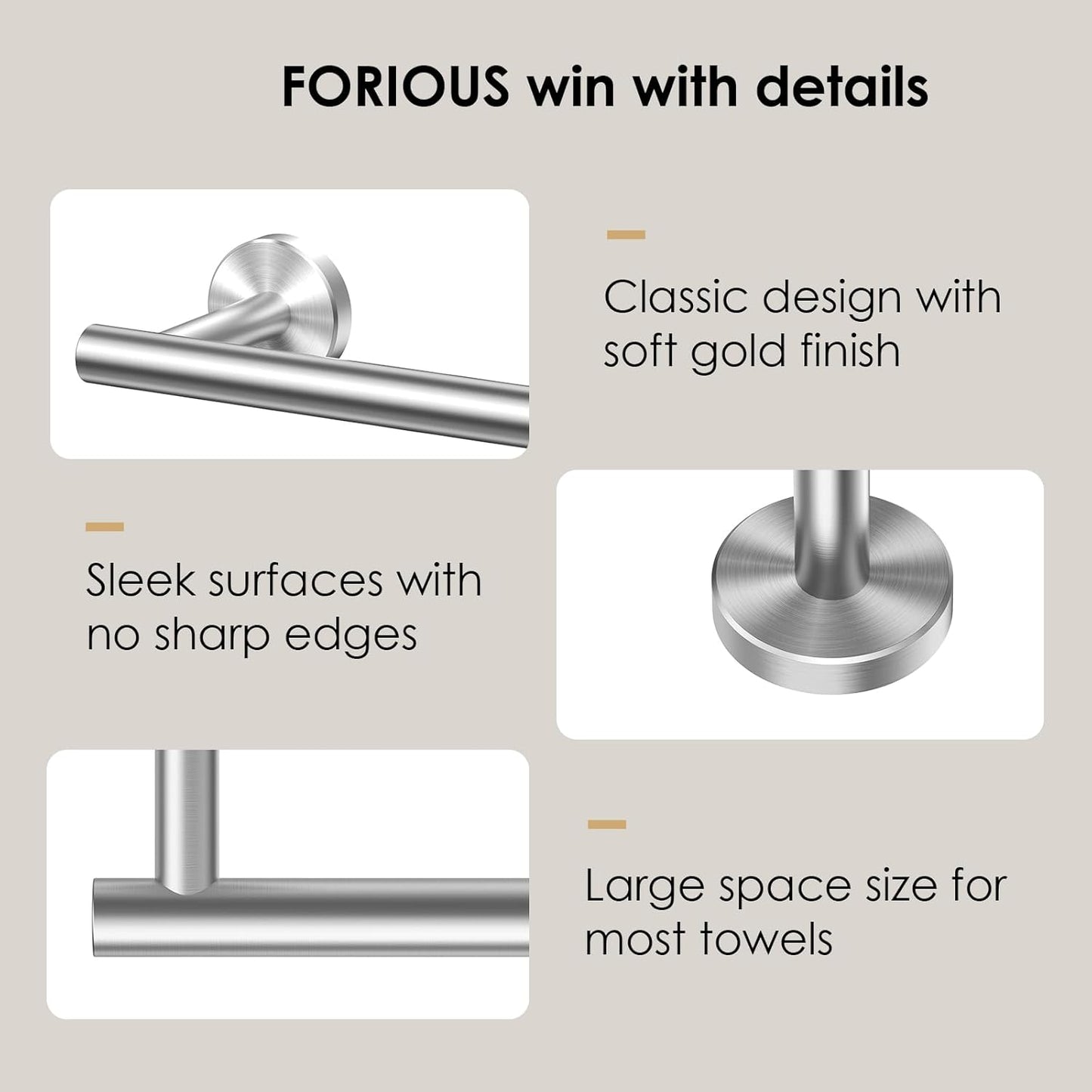 FORIOUS Towel Bar Wall Mounted, Stainless Steel Towel Racks for Bathroom, Includes Wall Mounting Hardware (Brushed Nickel, 14 Inch)