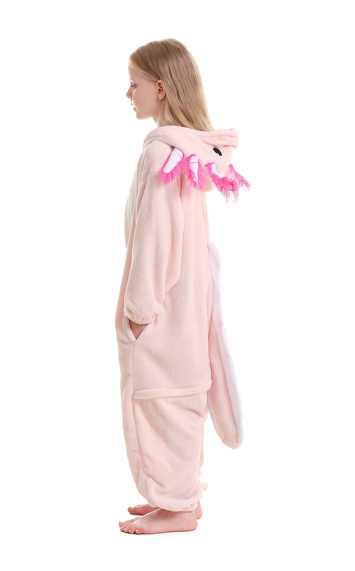ATOZ Onesie for Kids, Animal Pajamas Halloween Cosplay Costume for Girls Boys, Pink Axolotl 8-9Y