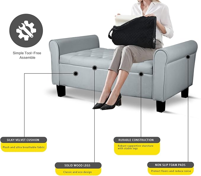 Babion Storage Bench for Bedroom End of Bed, Button Tufted Storage Ottoman Bench 51 Inch, End of Bed Storage Bench with Upholstered, Rolled Arm Window Bench Seat with Solid Wood Legs, Dark Grey