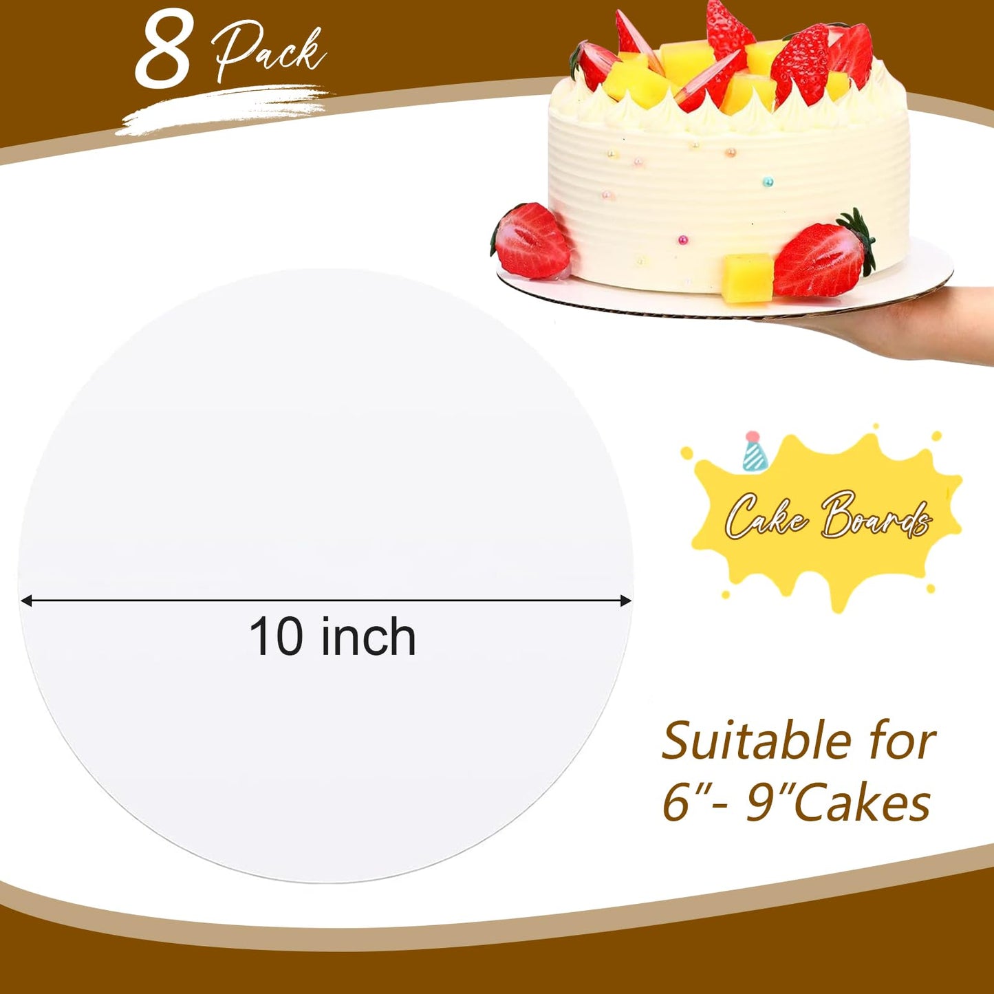 8 Pcs Cake Boards 10 inch Round, Food-Grade White Cake Board Rounds, Sturdy Cardboard Cake Circles Base Cakeboard, Waterproof and Oil-Proof Cake Plate for Cake DIY, Dessert, and Crafts Display