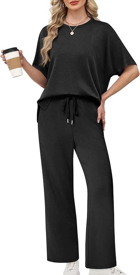 XIEERDUO Women's Side Slit Lounge Sets 2 Piece Travel Outfits Airport Tracksuit Oversized Wide Leg Loungewear S-3XL