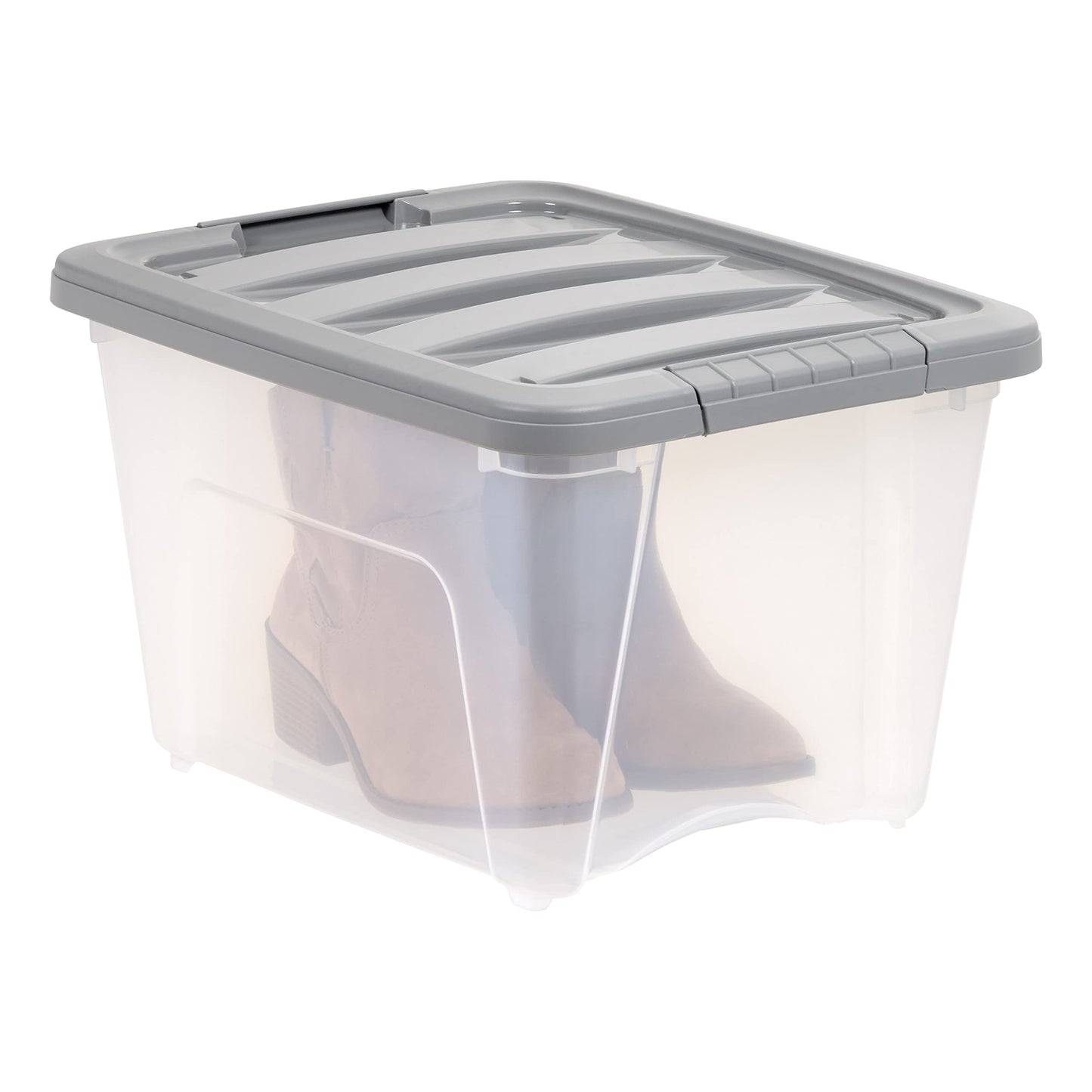 Amazon Basics Plastic Storage Containers with Secure Latching Lids, Stackable Organization Bins, Clear/Grey, 19 Quart, Set of 6