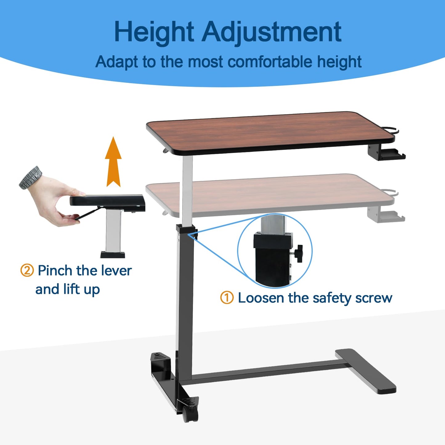 Loyoda Adjustable Overbed Table with Invisible and Lockable Wheels ，Bedside Table with Cup Holder，Standing Desk for Medical or Home use Rosewood Color（30.3" W x 15.3" D）