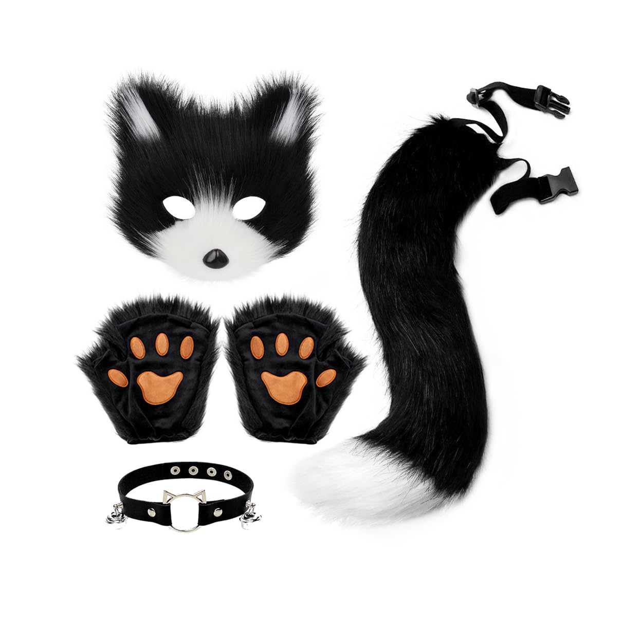 Faux Fur Fox Tail Cat Wolf Cosplay Costume Set Plush Mask Fluffy Paw Gloves Halloween Christmas Party for Girls Women (Black&White)