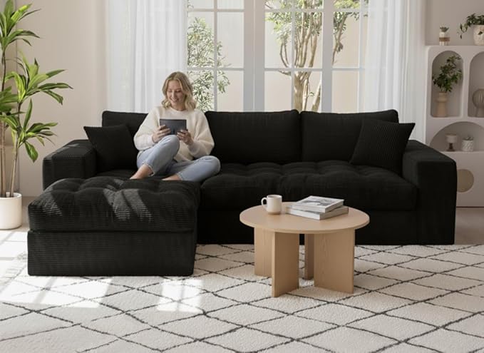NAYA 106” Modular Sectional Sofa, Cloud Sectional Couch with Deep Seat, Modern Modular L-Shape Sofa Boneless Couch with Chaise for Living Room Bedroom (Black, Cloudy Sofa with Left Facing Chaise)