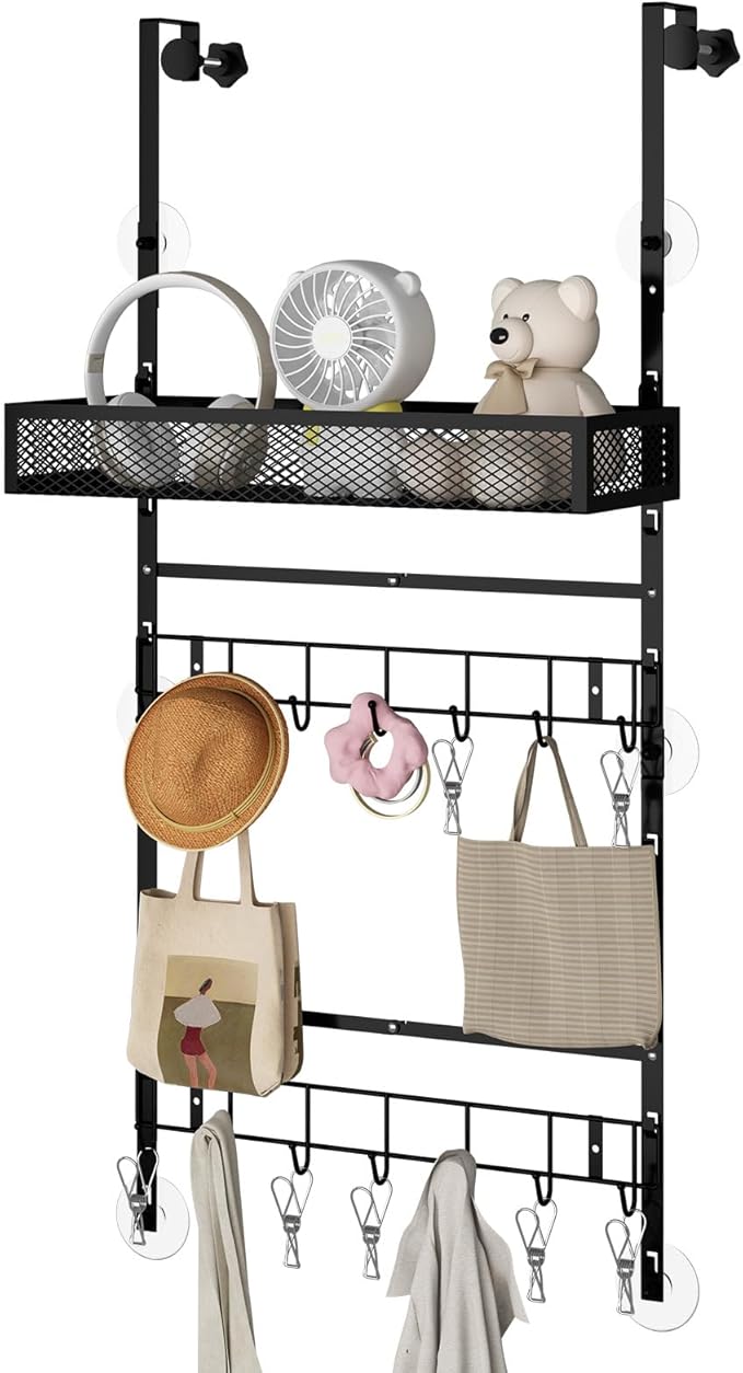 bukfen Adjustable Over the Door Hooks Organizer,Multi-Purpose Storage Organizer Over the Door Organizer with Shelf and Hooks,Hanging Door & Wall Mounted Coat Storage Rack for Bedroom,Bathroom,Kitchen
