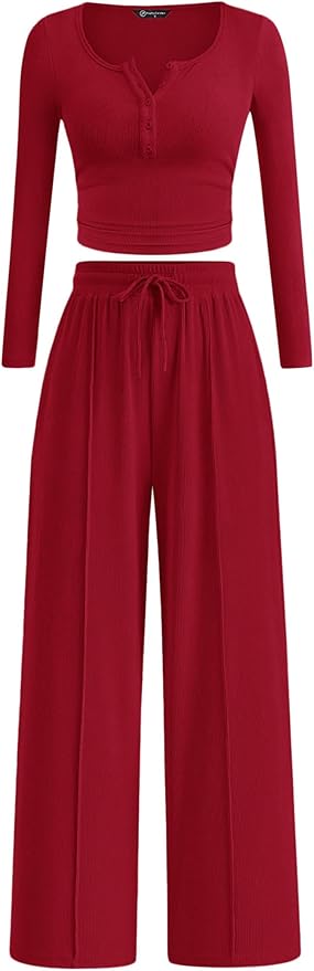 PRETTYGARDEN Women's 2026 Fall Trendy 2 Piece Outfits Lounge Sets Long Sleeve Top Henley Shirts Wide Leg Pants Travel Clothes