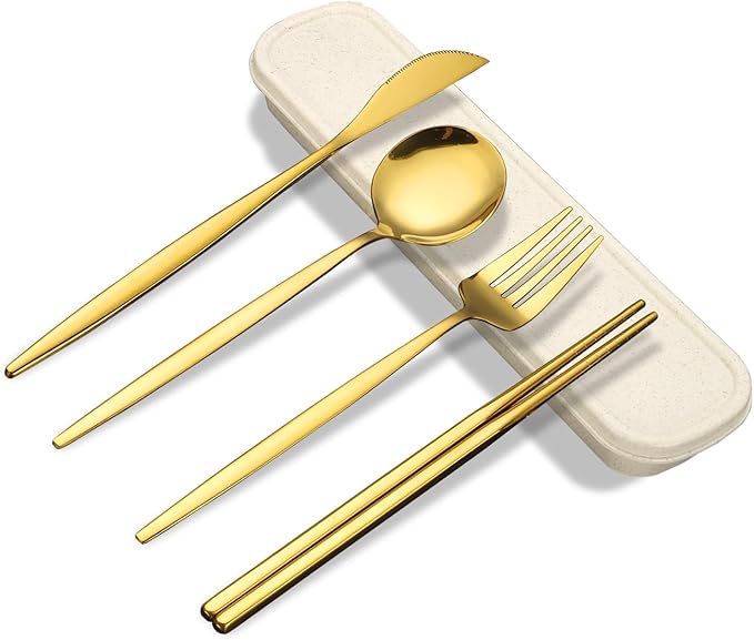 Novasteel Premium Travel Flatware Set,4 Pieces Golden Stainless Steel Flatware with Eco-Friendly Storage Case,Reusable, Po...