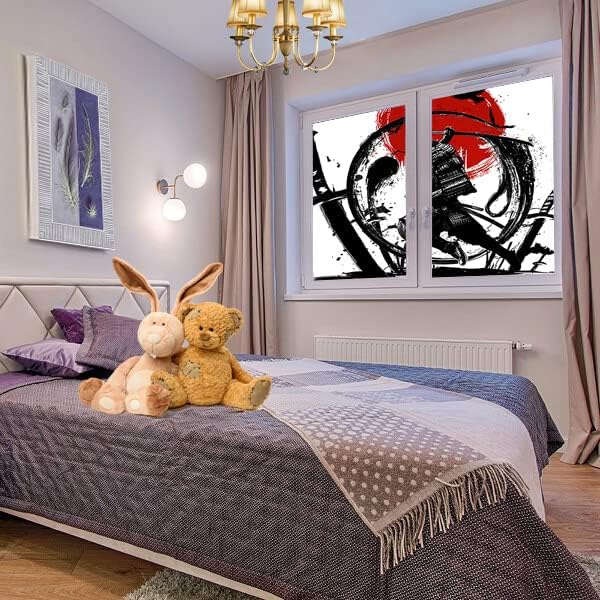 Japanese Samurai Decorative Window Film Watercolor Ink Samurai Sword Red Sun Printdining Room Window Film,Dorm Room Glass Film 23.6Wx47.2L-Inch X2Pcs