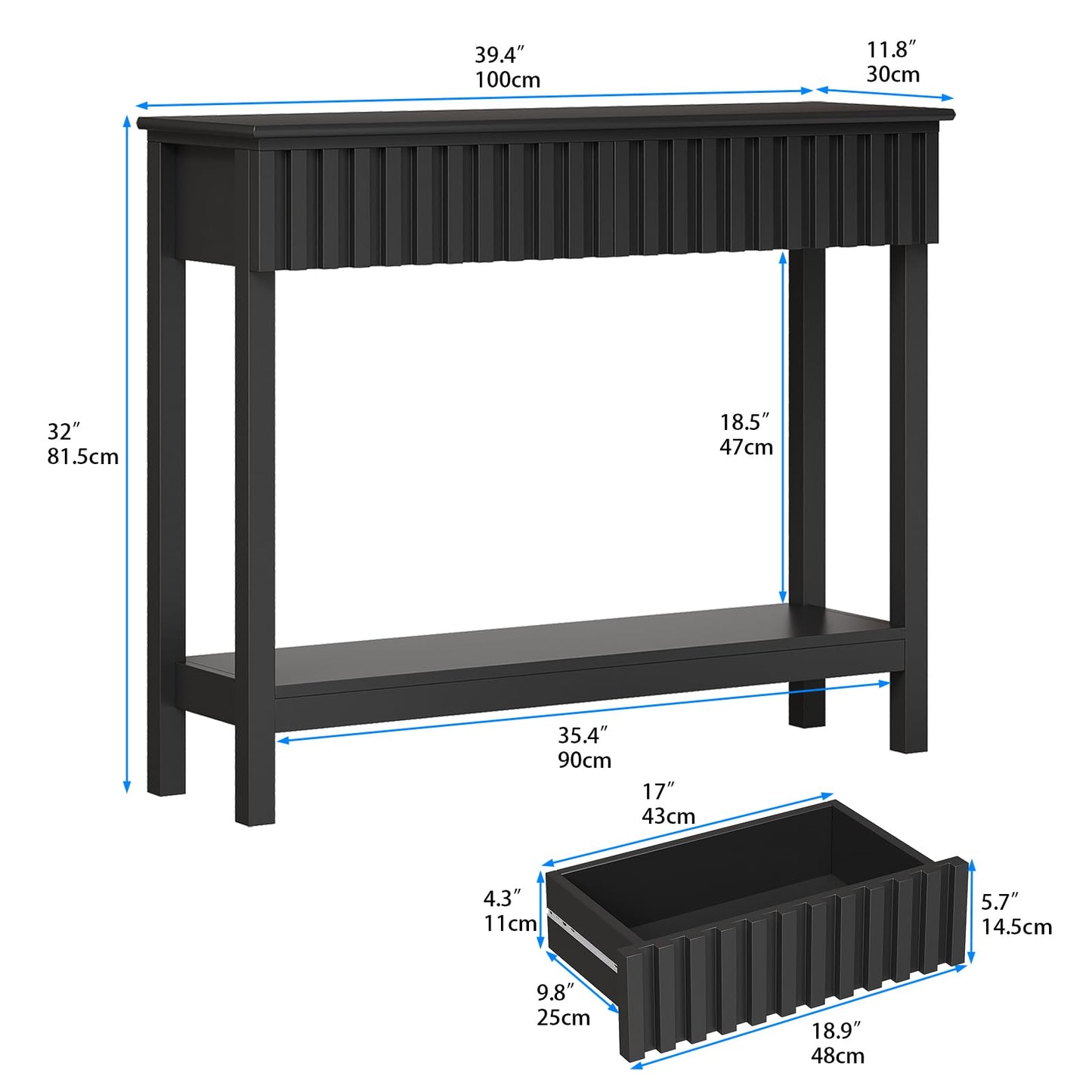 Trironsun Fluted Console Table with 2 Drawers Narrow Sofa Table with Open Storage Shelf Modern Behind Couch Tables Long Entryway Table for Foyer Hallway