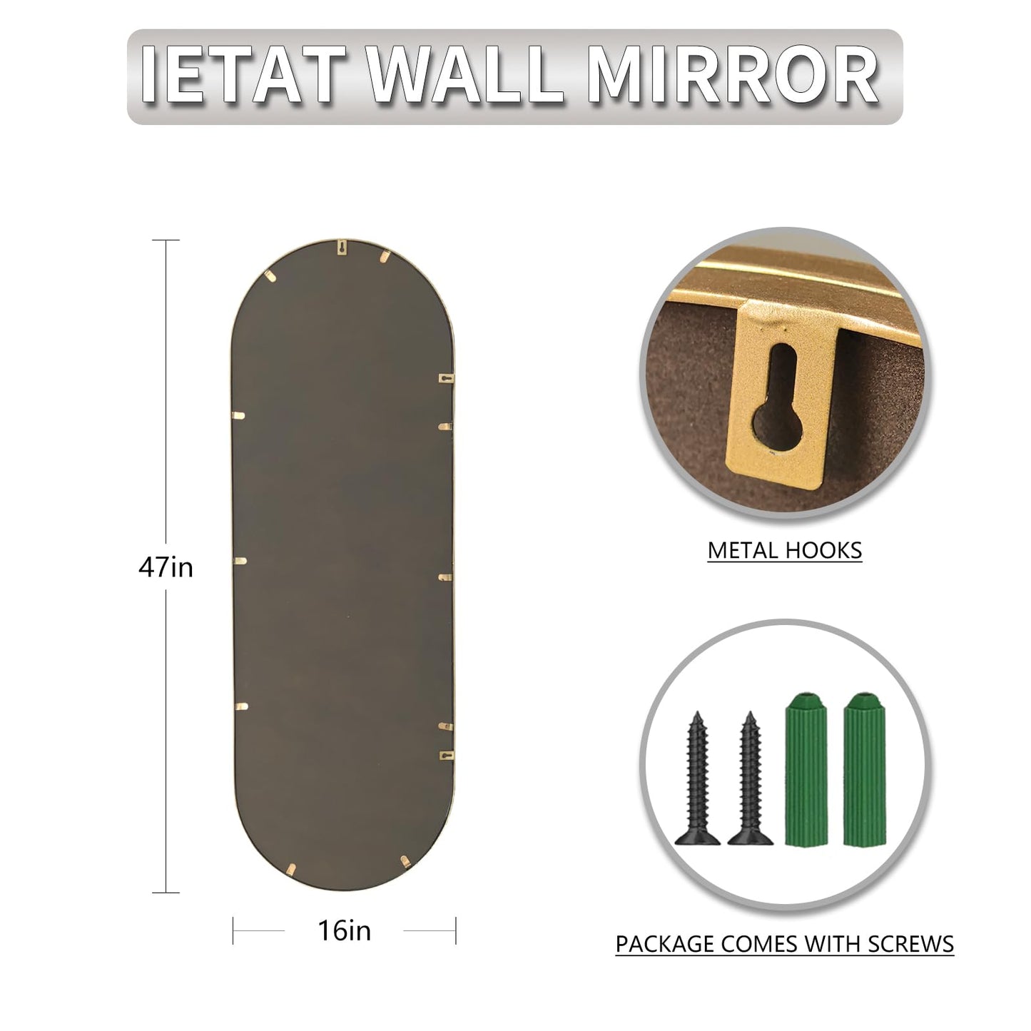 ietat Antique Gold Full Length Mirror Oval Full Body Wall Mirror Baroque Beaded Mirrors Gold Metal Framed Decorative Wall Mirror for Bedroom Entryway 47"X16"