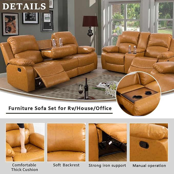 A Ainehome Recliner Sofa Set Living Room Manual Reclining Sofa Bonded Leather Loveseat Chair Sectional Couch for Living Room/Home (A-Ginger Leather, Sofa+Loveseat)