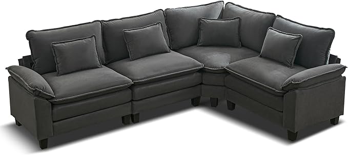 URRED Cloud Couch Modular Sectional Sofa, 116" Modern L Shaped Deep Seat Sofa with Pillows, Ultra Comfy Velvet Corner Couches for Living Room, Bedroom or Apartment, Dark Gray
