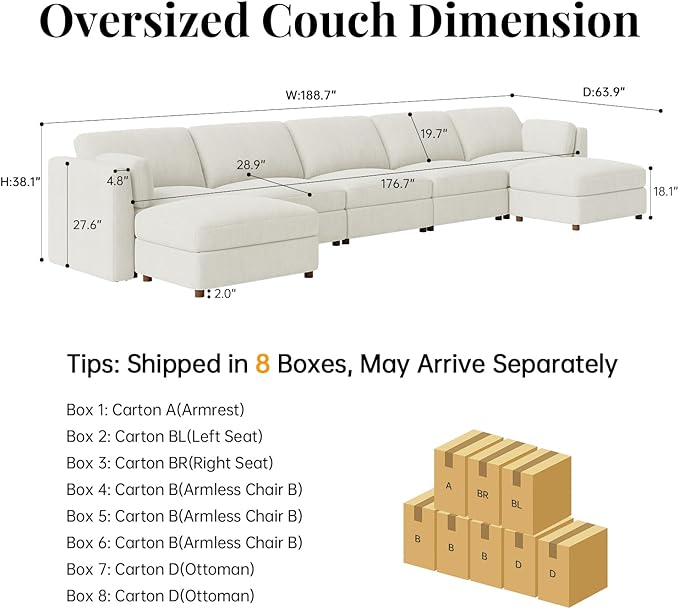 CUGOAO 188.7'' Modular Sectional Sofa, Oversized U-Shaped Sectional Couch with Ottoman, Deep Seat Chenille Cloud Couch, Mordern Upholstered Couches for Living Room, Apartment, Office, Beige