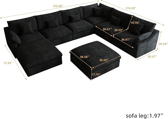 Modular Sectional Sofa Couch With Ottoman,156inch U Shaped Down Filled Cloud Couch,Convertible Sofa Bed Living Room Set,8 Seat Sleeper Bed, Cover Washable and Replaceable Couches for Living Room,Black