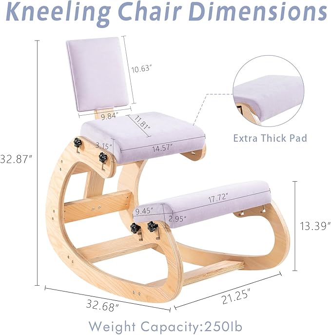 VDNEND Ergonomic Kneeling Chair with Back Support,Wooden Kneeling Chair Desk for Work, Rocking Office Kneel Chairs for Relieve Back Pain, Kneeling Posture Chairs for Gaming,Home (Light Purple)